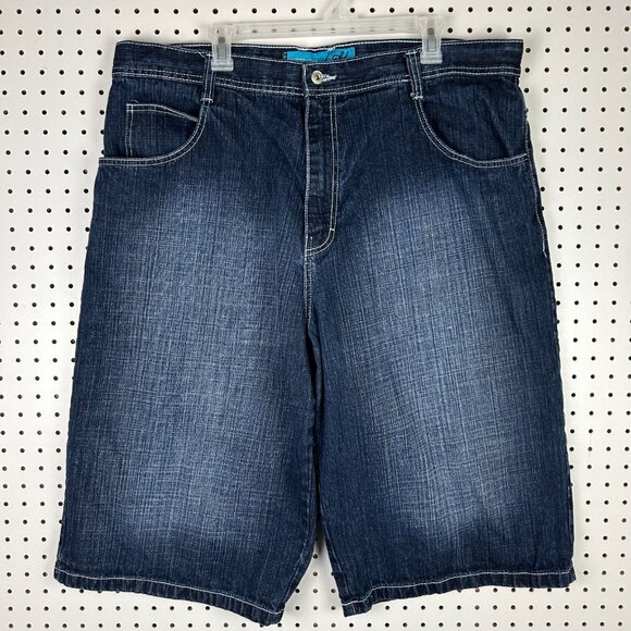 Wckd y2K Baggy Jean Shorts Size 42 Wide Leg Embroidered Blue Jorts 16" Inseam - Picture 4 of 6